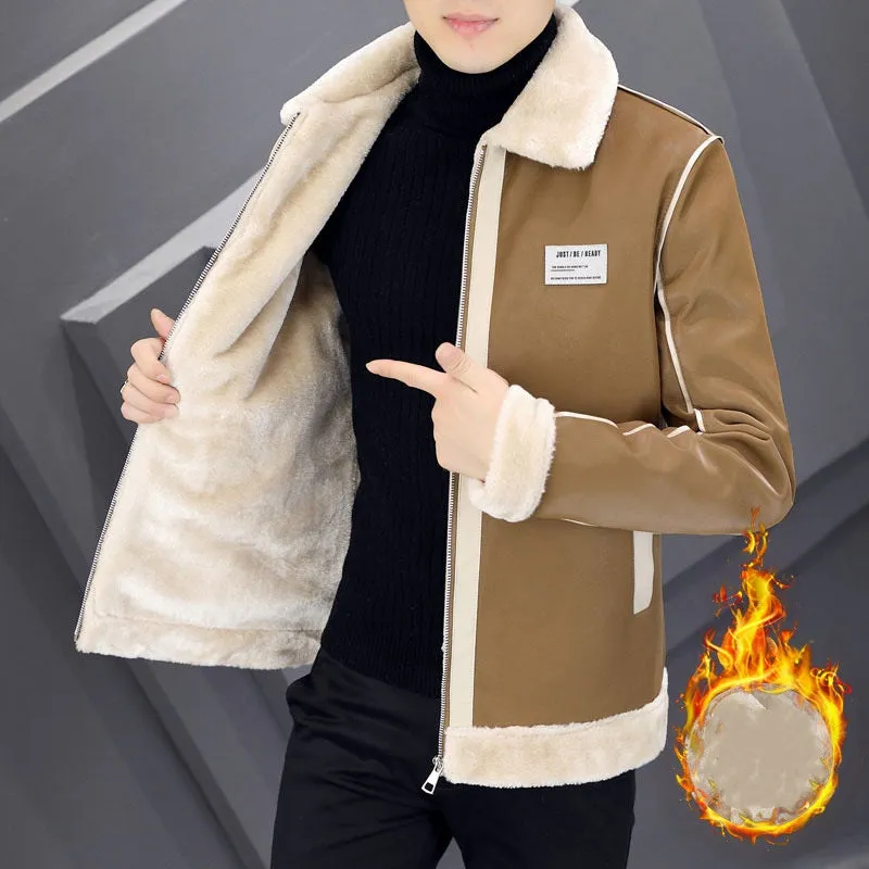 Men's corduroy padded coat with rabbit fur lining, dark brown colour, on display