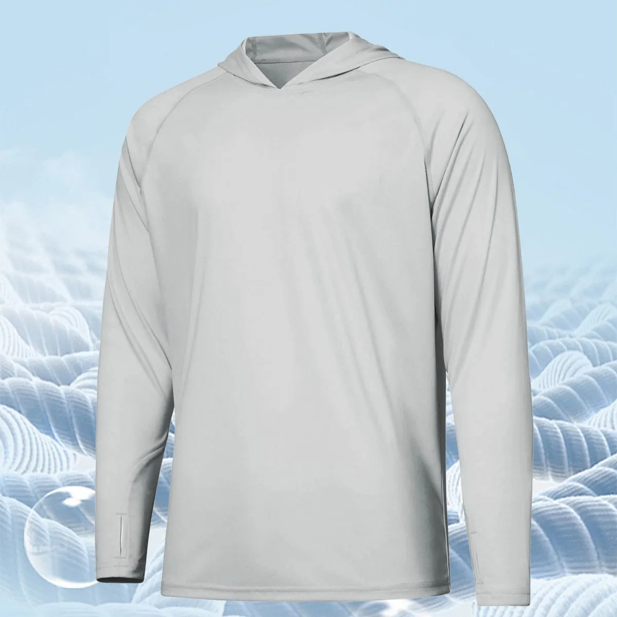 Outdoor hooded long sleeve top for UV protection in solid colours like black and sky blue.
