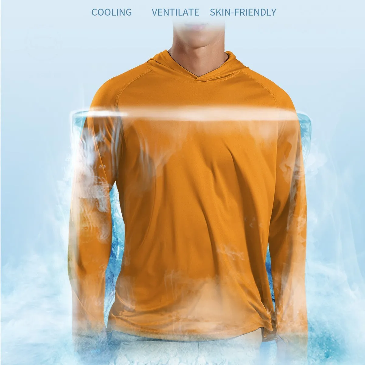 Outdoor hooded long sleeve top for UV protection in solid colours like black and sky blue.