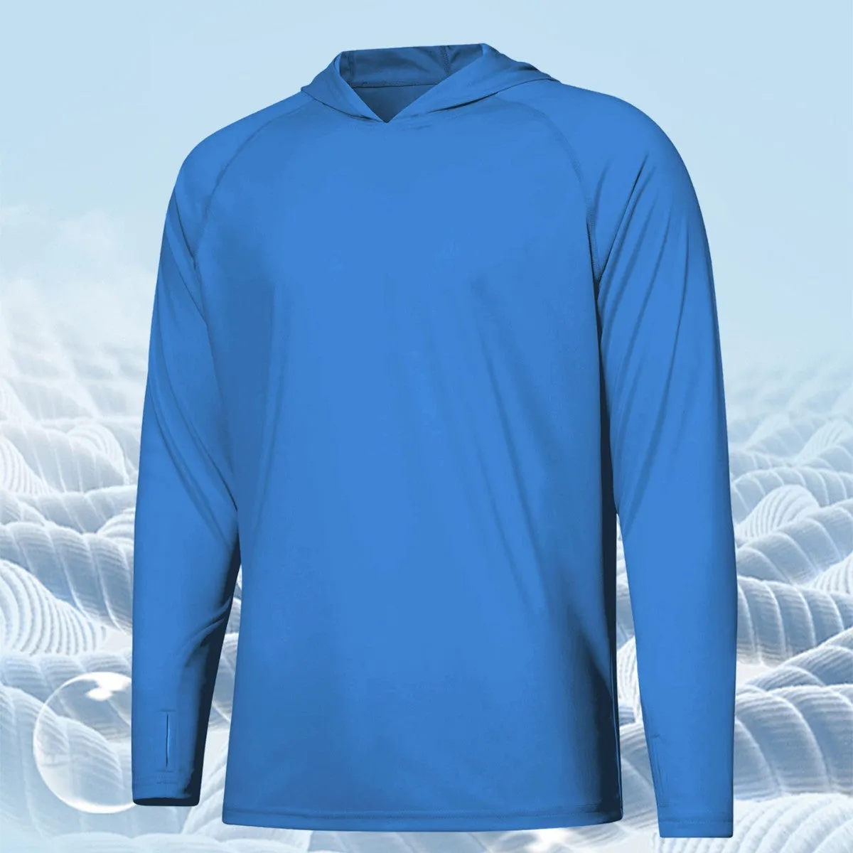 Outdoor hooded long sleeve top for UV protection in solid colours like black and sky blue.