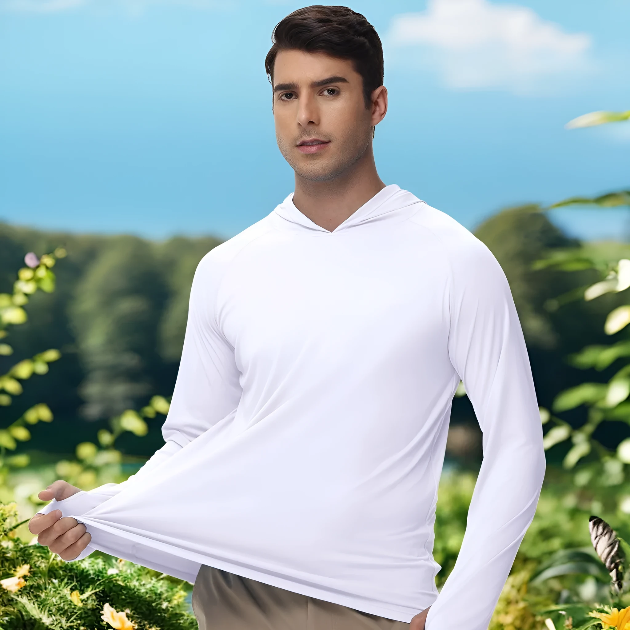 Outdoor hooded long sleeve top for UV protection in solid colours like black and sky blue.