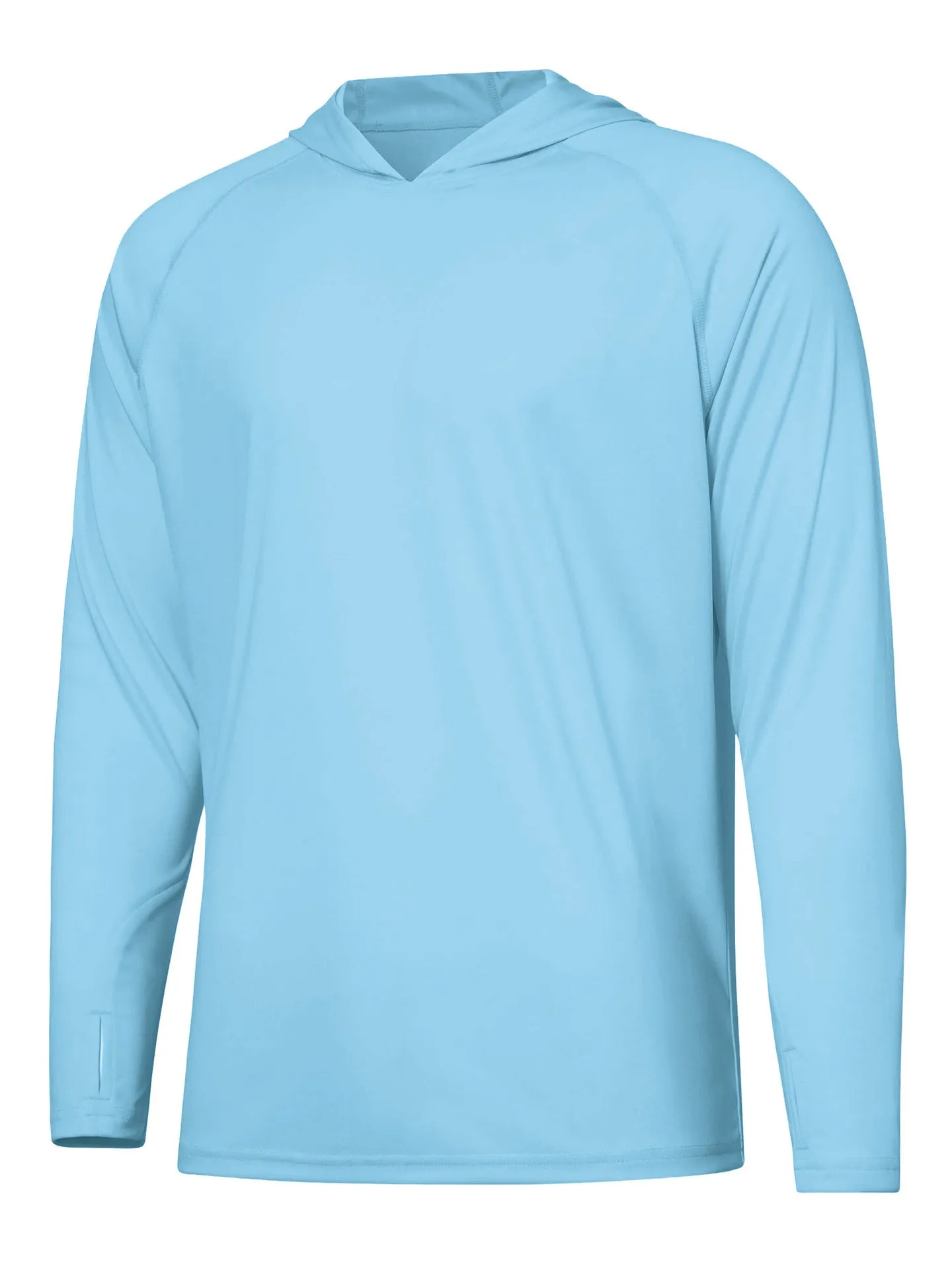 Outdoor hooded long sleeve top for UV protection in solid colours like black and sky blue.