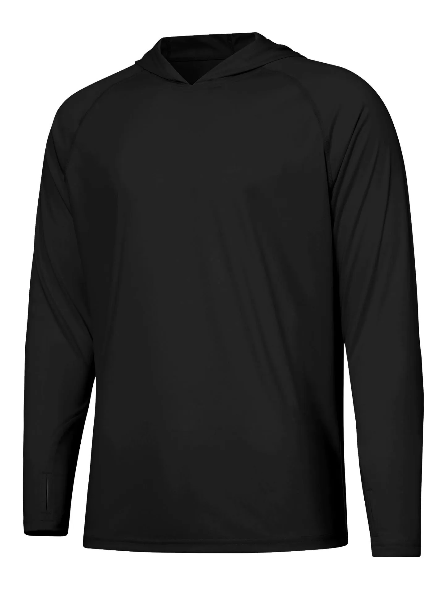 Outdoor hooded long sleeve top for UV protection in solid colours like black and sky blue.
