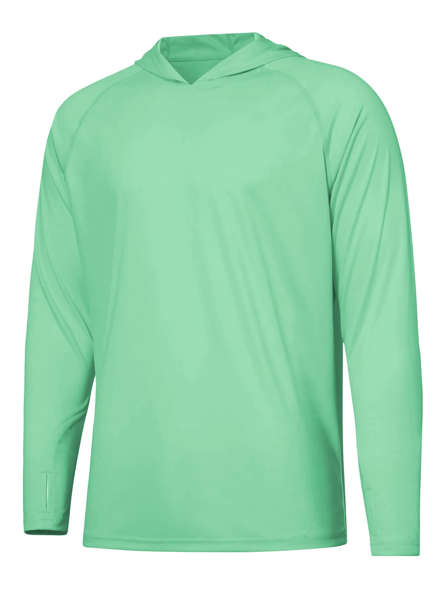 Outdoor hooded long sleeve top for UV protection in solid colours like black and sky blue.