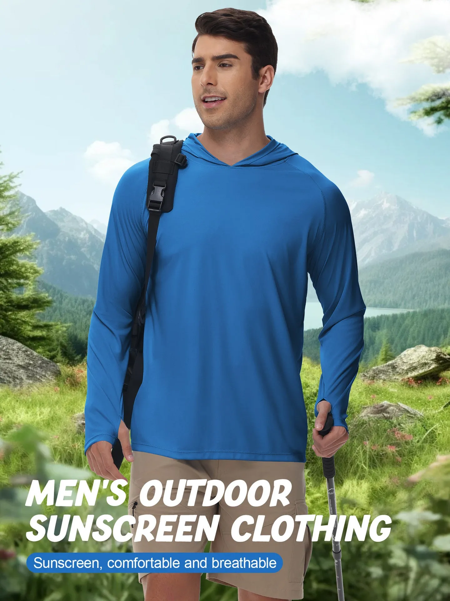 Outdoor hooded long sleeve top for UV protection in solid colours like black and sky blue.