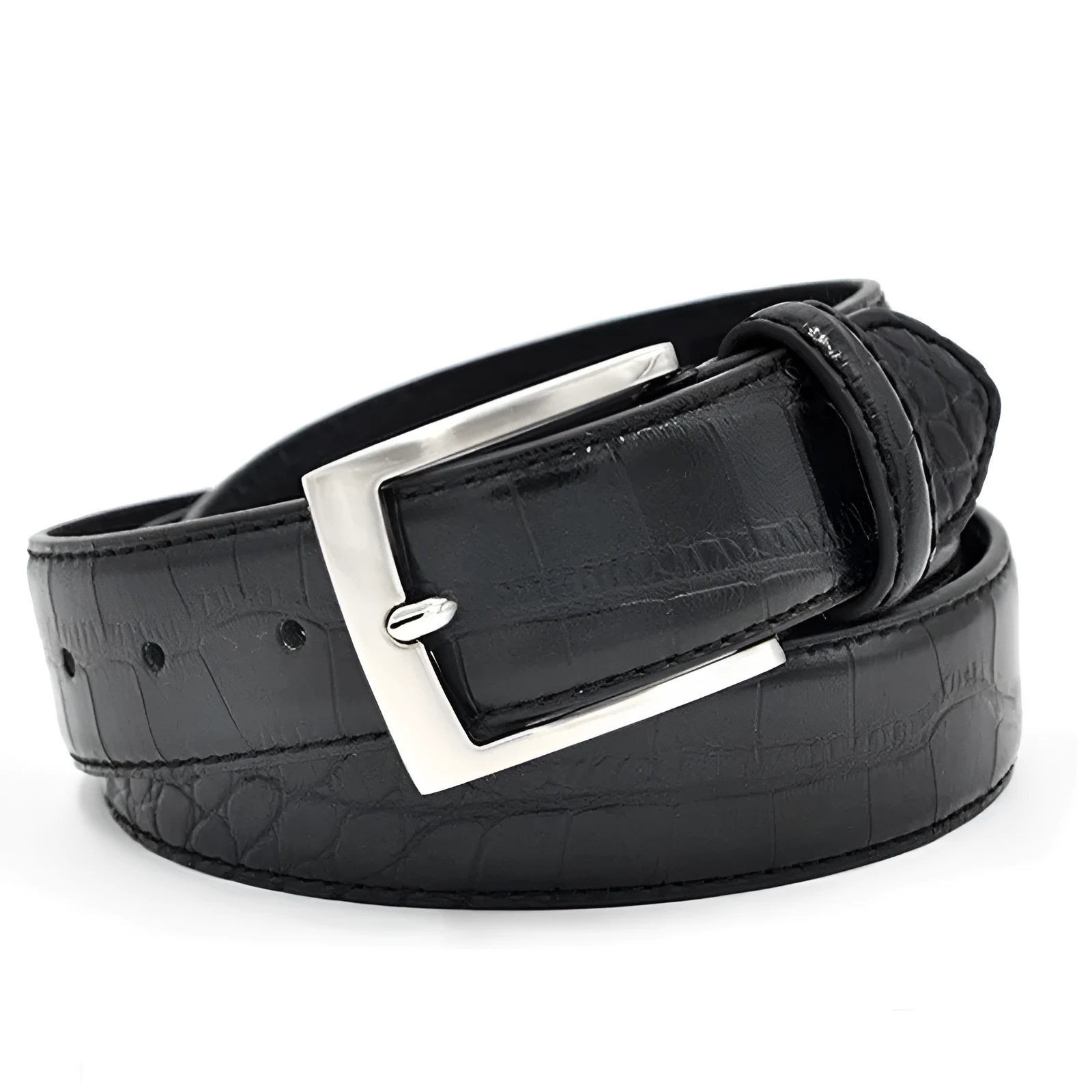Men's faux leather waist belt with alloy pin buckle and split pattern in black