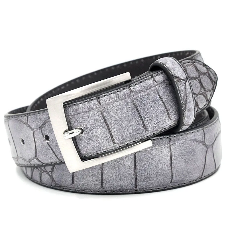 Men's faux leather waist belt with alloy pin buckle and split pattern in black