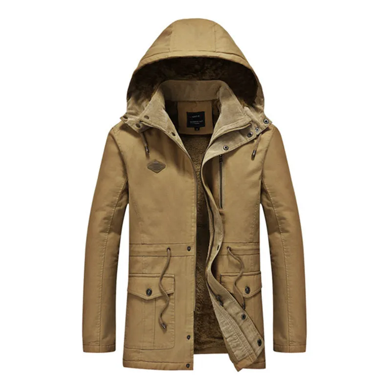 Fashion thick men cotton warm jacket with lapel collar in khaki, solid colour casual style