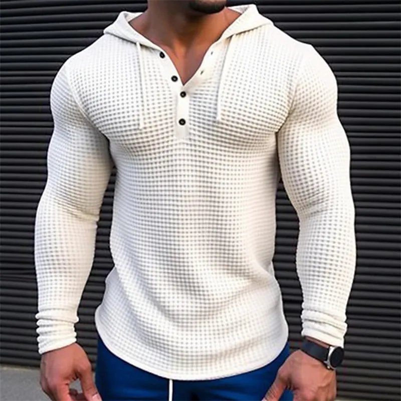 Men's pullover long sleeve t-shirt in solid khaki colour with waffle knit texture and hood, shown on model