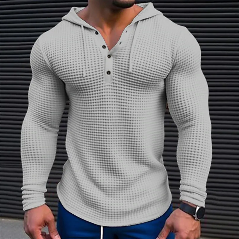 Men's pullover long sleeve t-shirt in solid khaki colour with waffle knit texture and hood, shown on model