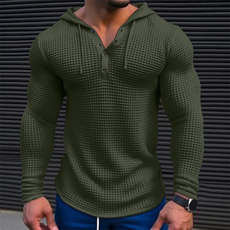 Men's pullover long sleeve t-shirt in solid khaki colour with waffle knit texture and hood, shown on model