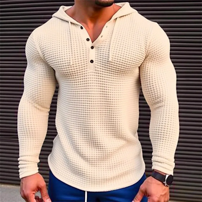 Men's pullover long sleeve t-shirt in solid khaki colour with waffle knit texture and hood, shown on model
