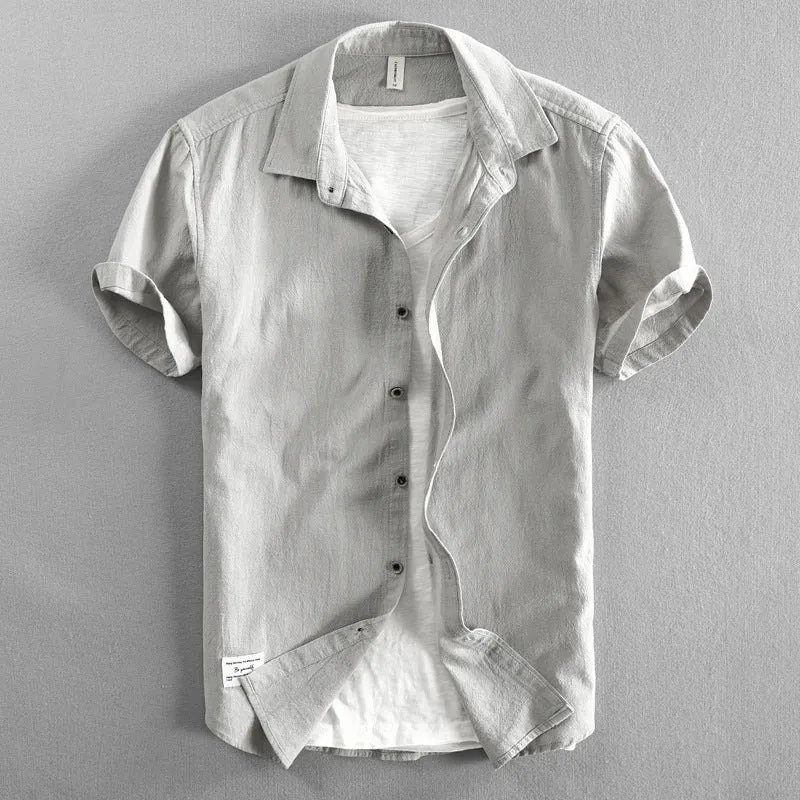 Men's casual loose lapels half sleeve cotton cardigan top in solid colour, front view