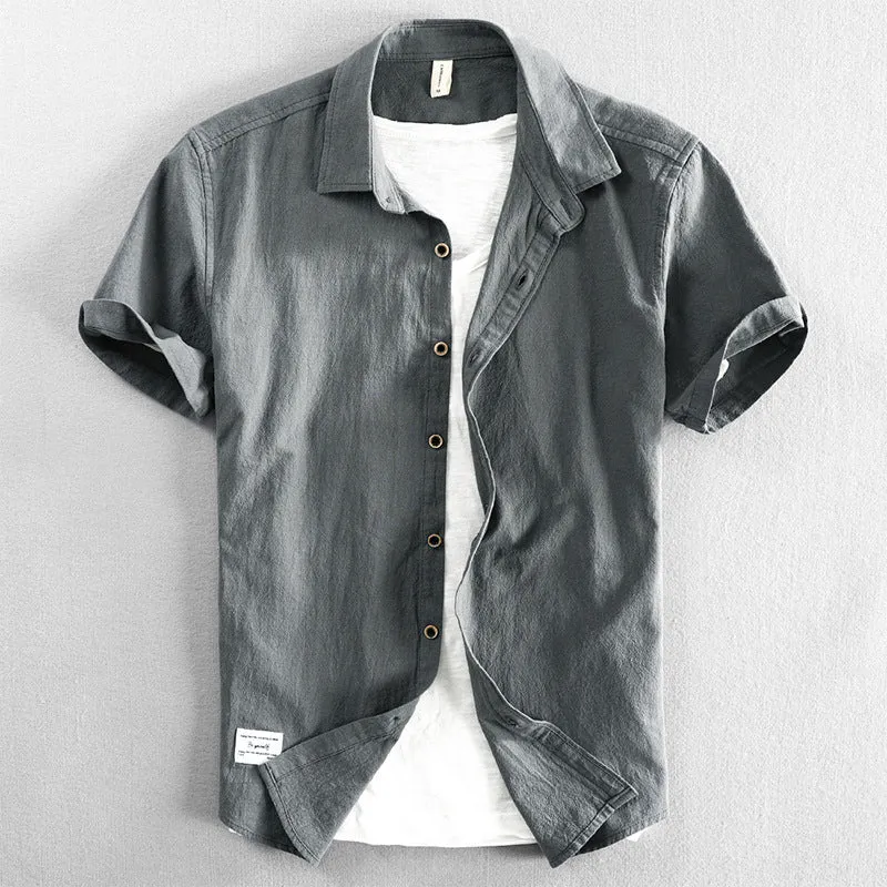 Men's casual loose lapels half sleeve cotton cardigan top in solid colour, front view