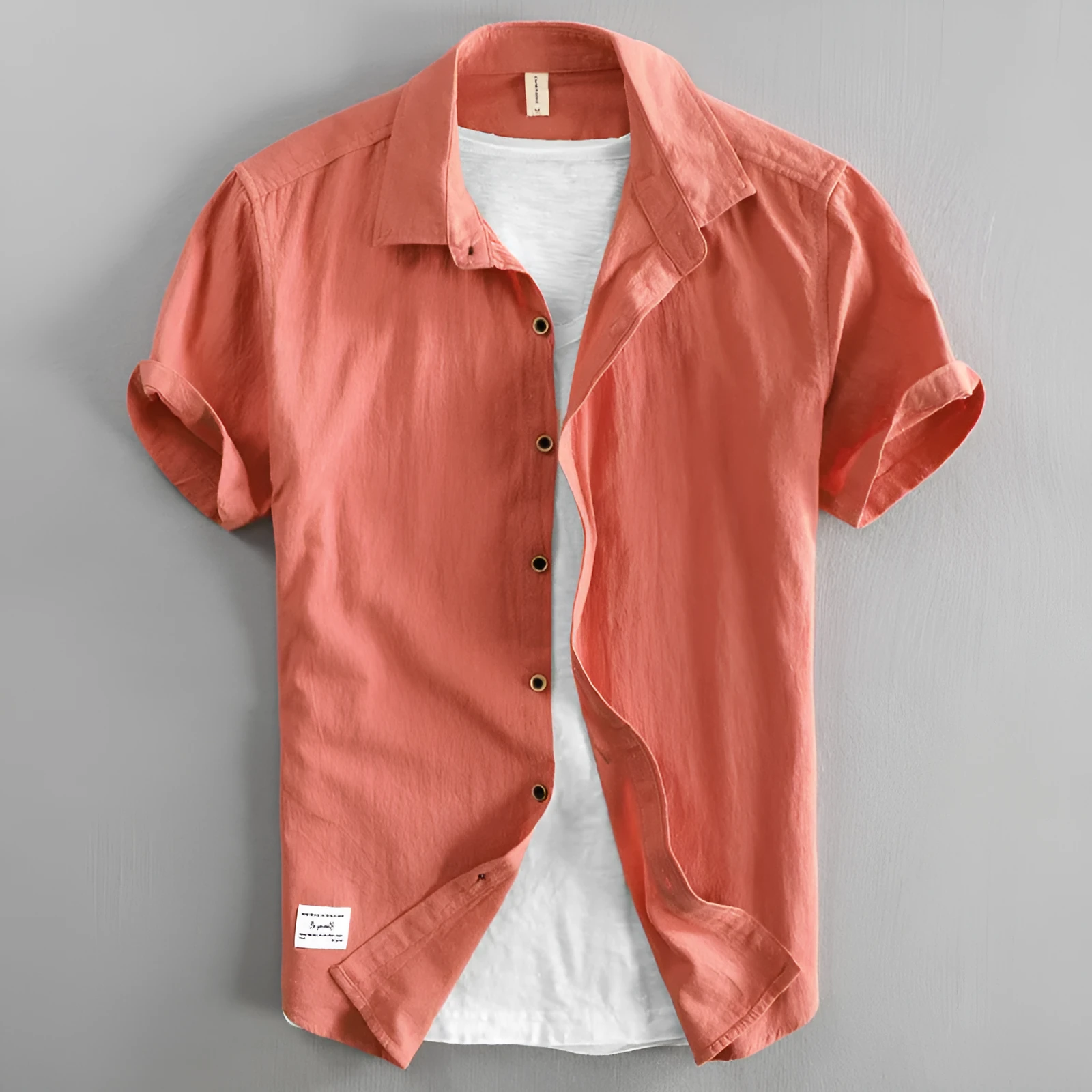 Men's casual loose lapels half sleeve cotton cardigan top in solid colour, front view
