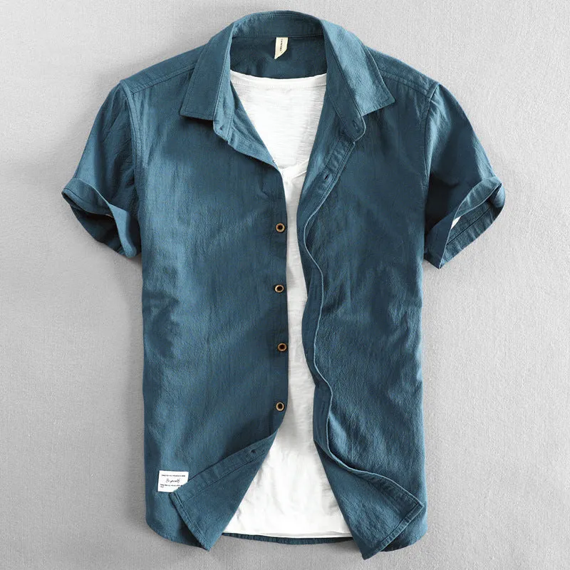 Men's casual loose lapels half sleeve cotton cardigan top in solid colour, front view