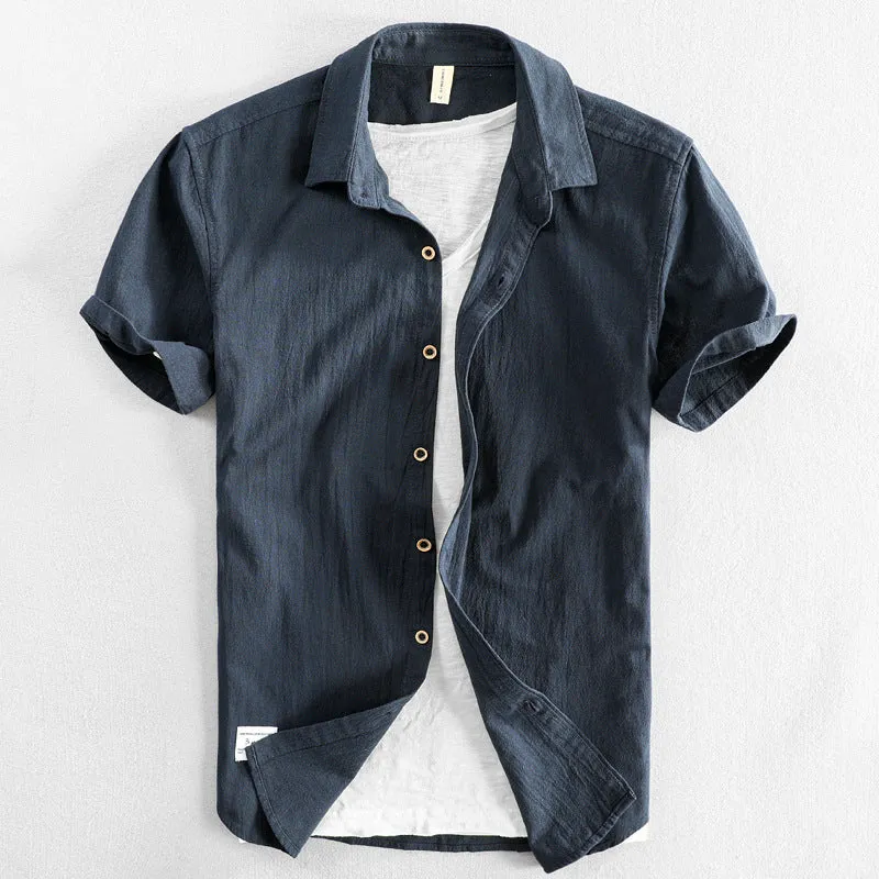 Men's casual loose lapels half sleeve cotton cardigan top in solid colour, front view
