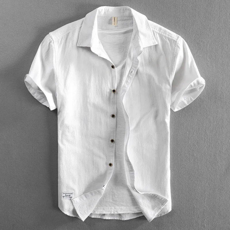 Men's casual loose lapels half sleeve cotton cardigan top in solid colour, front view