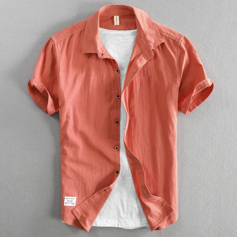 Men's casual loose lapels half sleeve cotton cardigan top in solid colour, front view