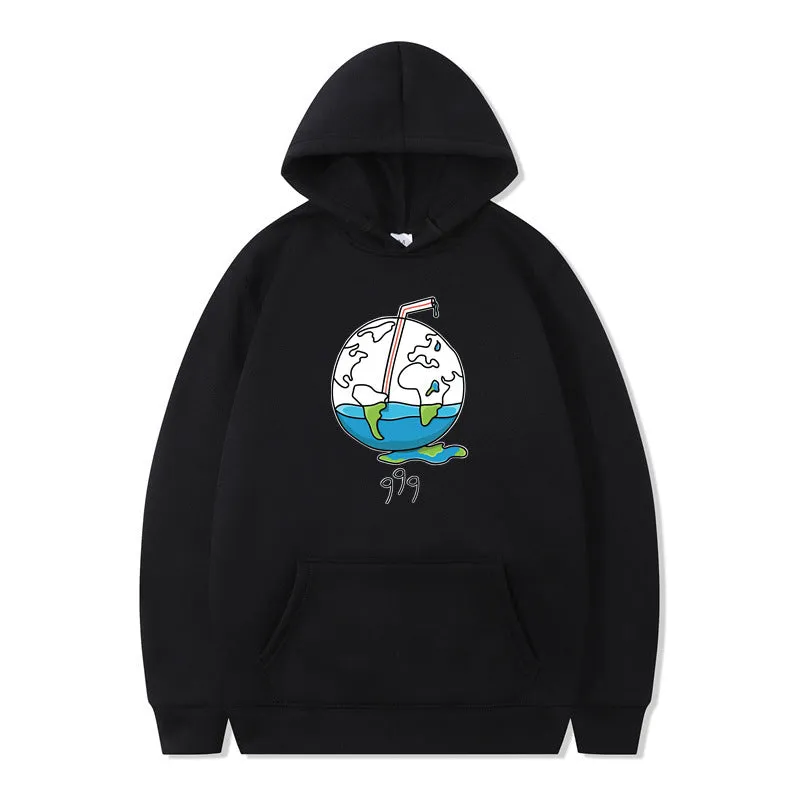 Men's printed cotton blend hip hop style hoodie pullover in black, with hood and side seam pockets, long sleeves