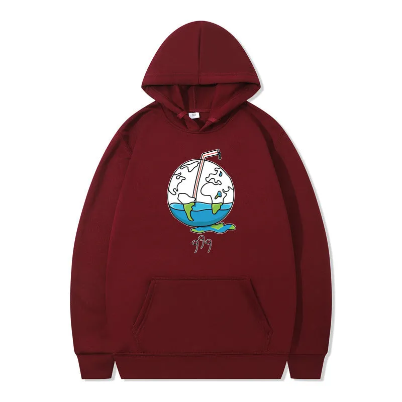 Men's printed cotton blend hip hop style hoodie pullover in black, with hood and side seam pockets, long sleeves