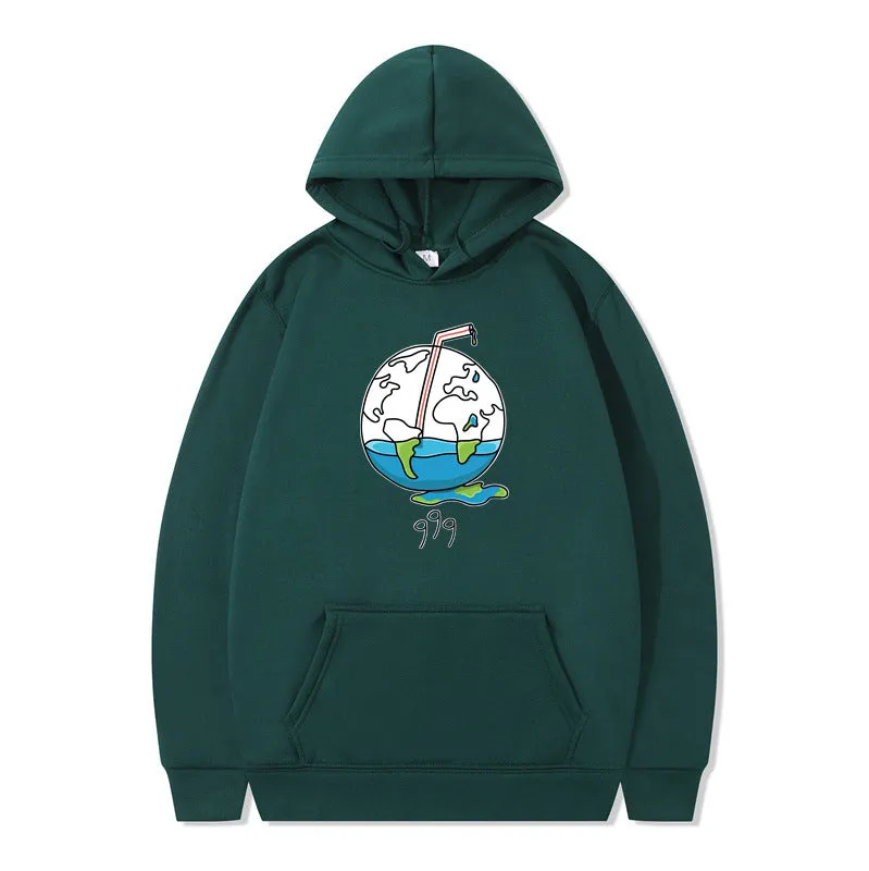 Men's printed cotton blend hip hop style hoodie pullover in black, with hood and side seam pockets, long sleeves