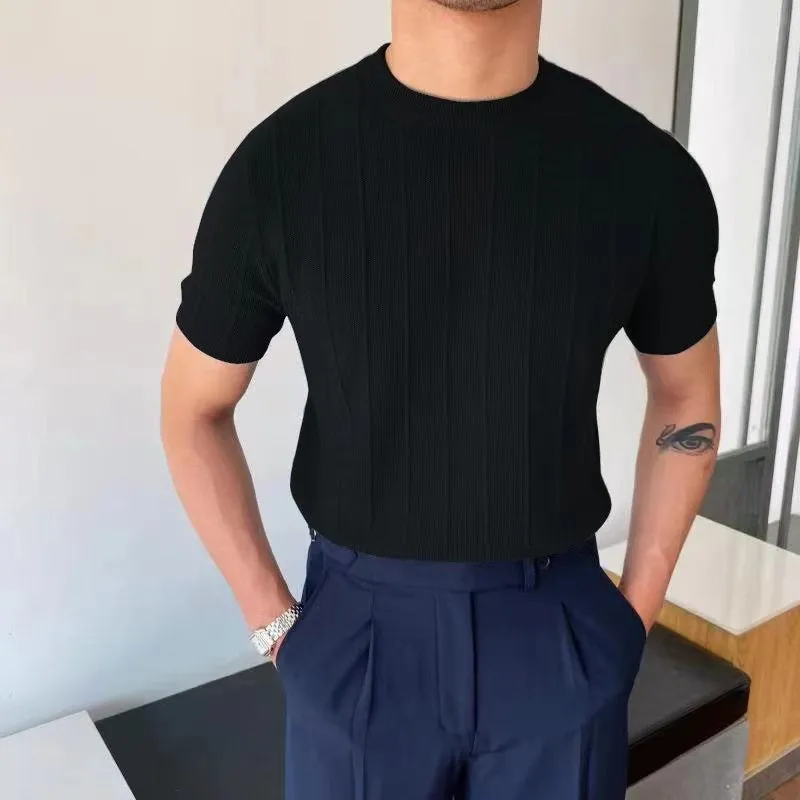 Men's short sleeve knitted T-shirt in solid colour, loose fit, round neck, lightweight polyester summer top