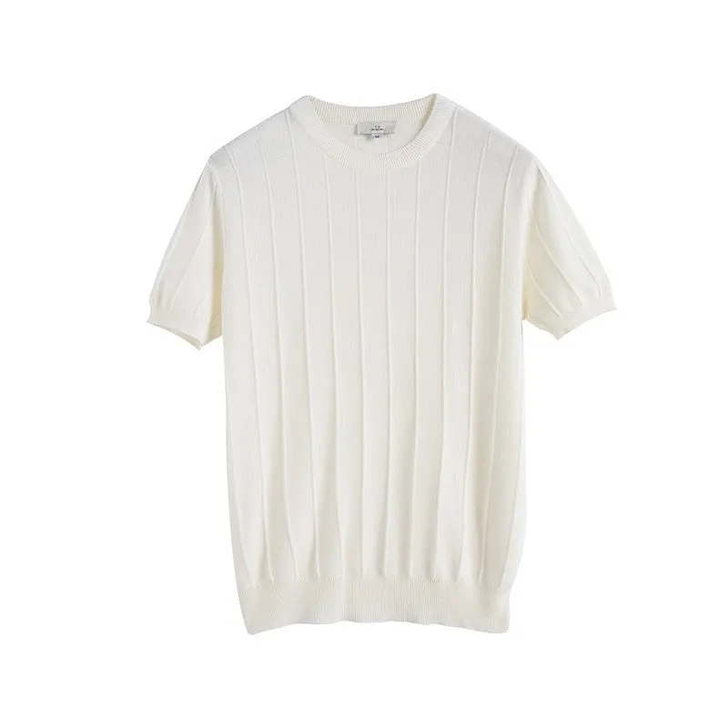 Men's short sleeve knitted T-shirt in solid colour, loose fit, round neck, lightweight polyester summer top