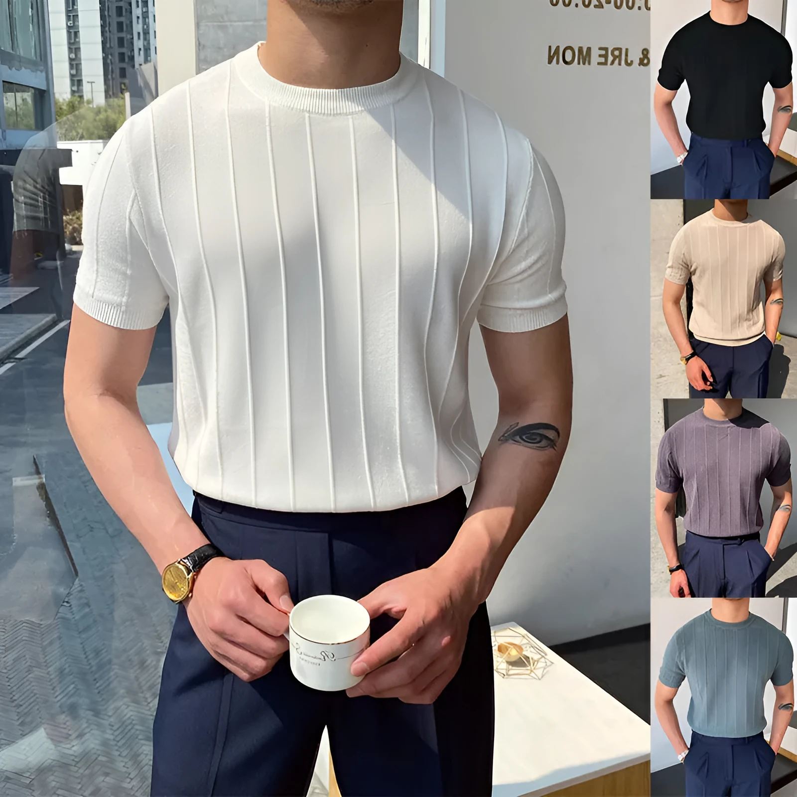 Men's short sleeve knitted T-shirt in solid colour, loose fit, round neck, lightweight polyester summer top