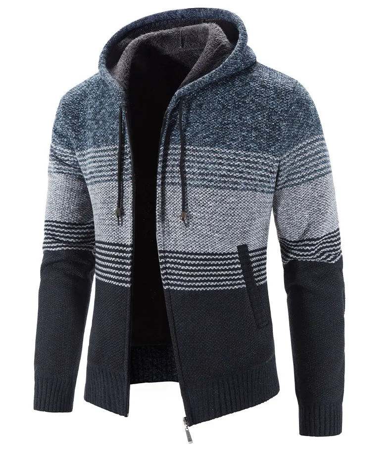 Hooded fleece thick cardigan sweater in dark gray for men, casual polyester outerwear