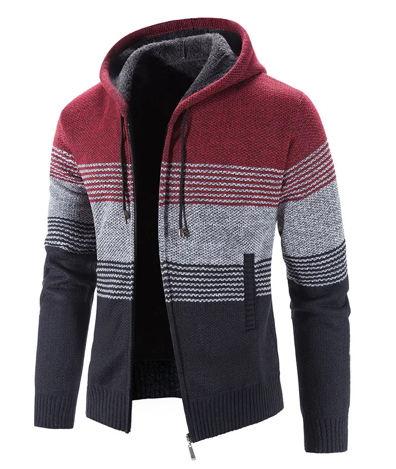 Hooded fleece thick cardigan sweater in dark gray for men, casual polyester outerwear