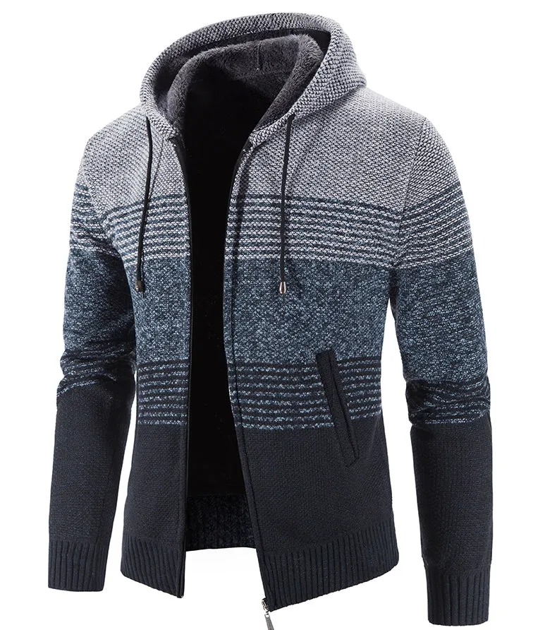 Hooded fleece thick cardigan sweater in dark gray for men, casual polyester outerwear