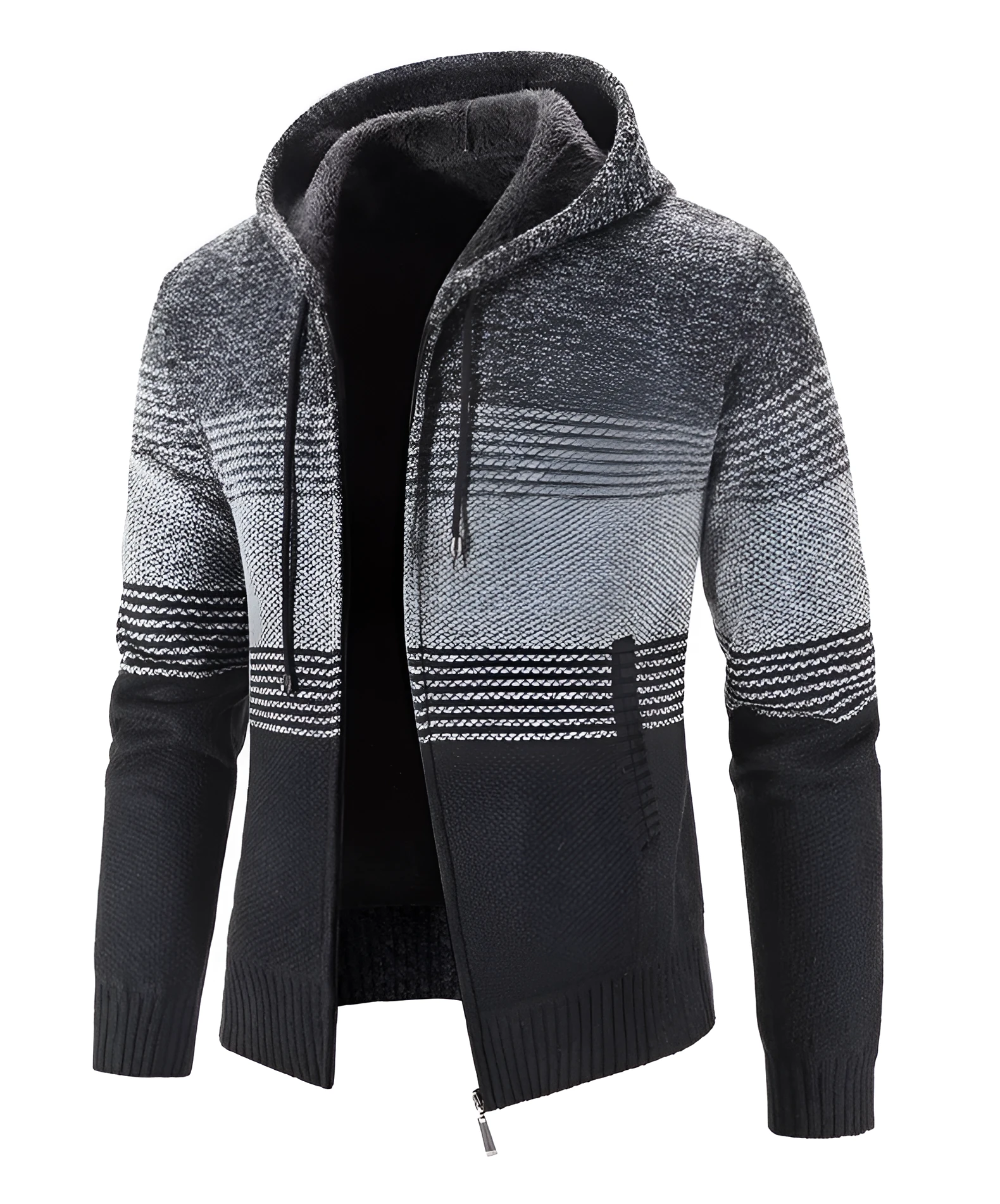 Hooded fleece thick cardigan sweater in dark gray for men, casual polyester outerwear