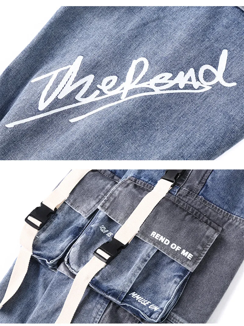Men's loose hip-hop workwear jeans in gray blue, 99% polyester, size 2XL shown