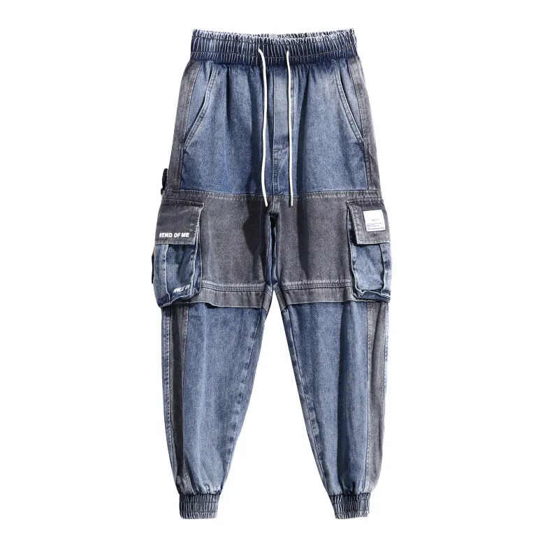 Men's loose hip-hop workwear jeans in gray blue, 99% polyester, size 2XL shown