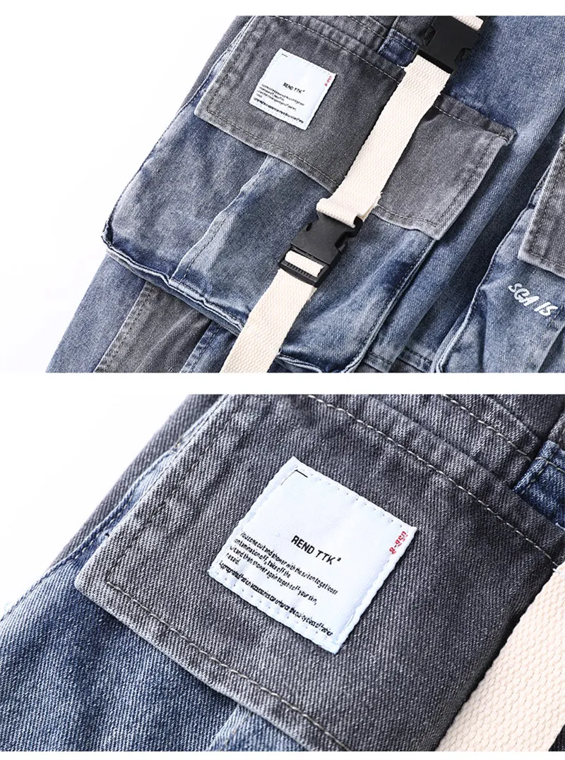 Men's loose hip-hop workwear jeans in gray blue, 99% polyester, size 2XL shown