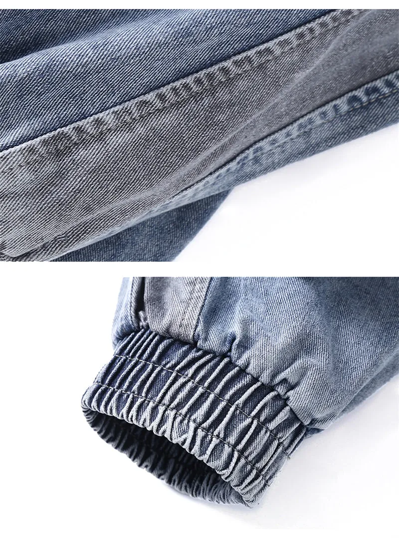 Men's loose hip-hop workwear jeans in gray blue, 99% polyester, size 2XL shown