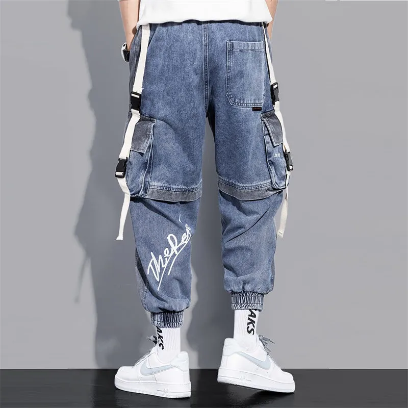 Men's loose hip-hop workwear jeans in gray blue, 99% polyester, size 2XL shown
