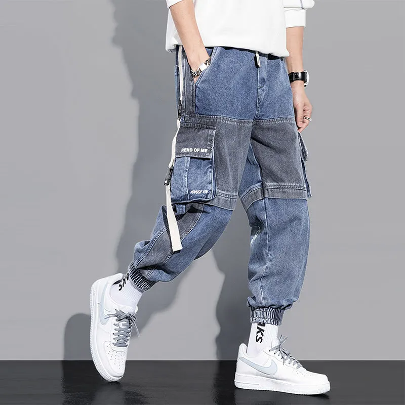 Men's loose hip-hop workwear jeans in gray blue, 99% polyester, size 2XL shown