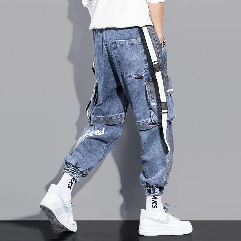 Men's loose hip-hop workwear jeans in gray blue, 99% polyester, size 2XL shown