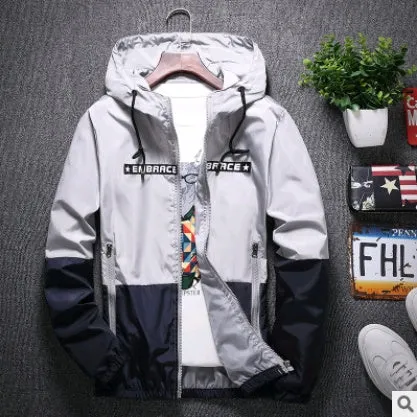 Men's casual thin section striped hooded jacket in blue, slim fit, no collar, front view