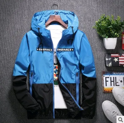 Men's casual thin section striped hooded jacket in blue, slim fit, no collar, front view