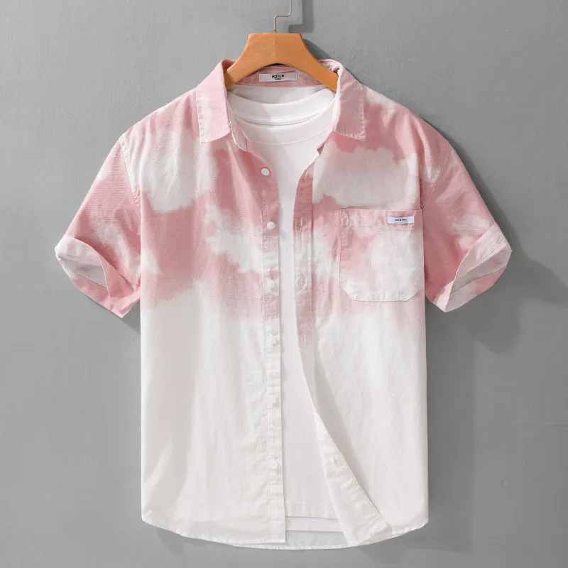 Men's light pink pure cotton short-sleeved shirt with loose-fit cardigan style