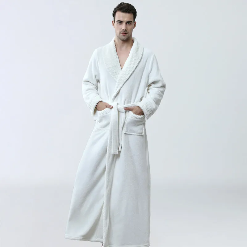 Men's winter coral fleece nightgown in gray, cardigan style with long sleeves, knitted flannel fabric