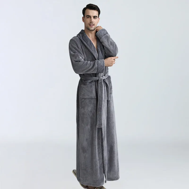 Men's winter coral fleece nightgown in gray, cardigan style with long sleeves, knitted flannel fabric