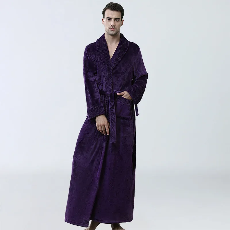 Men's winter coral fleece nightgown in gray, cardigan style with long sleeves, knitted flannel fabric