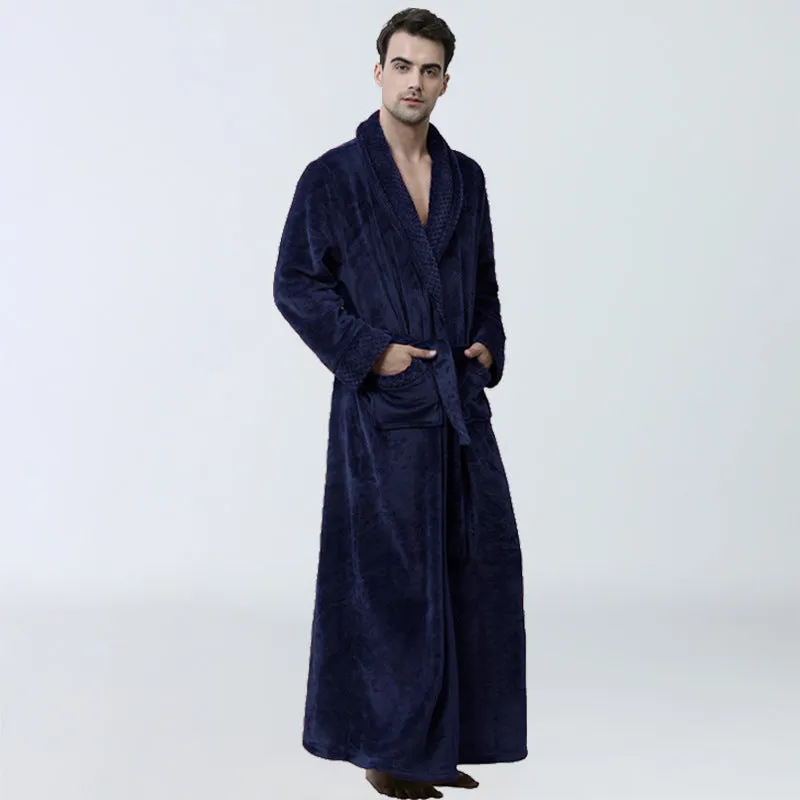Men's winter coral fleece nightgown in gray, cardigan style with long sleeves, knitted flannel fabric