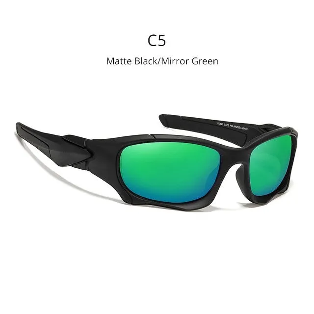 Retro pilot sunglasses with square TAC polarised lenses, unisex frame, mirror finish, and zipper case
