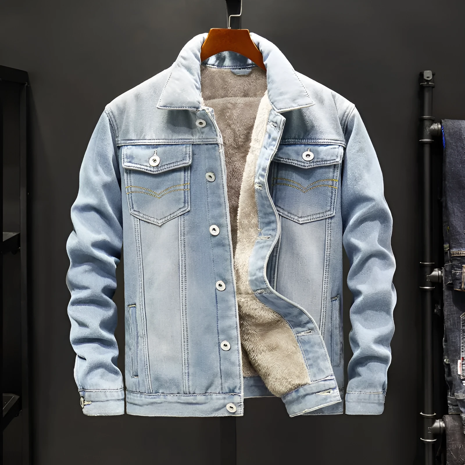 Men's casual denim jacket in dark blue with Korean gown style, long sleeves, and button front