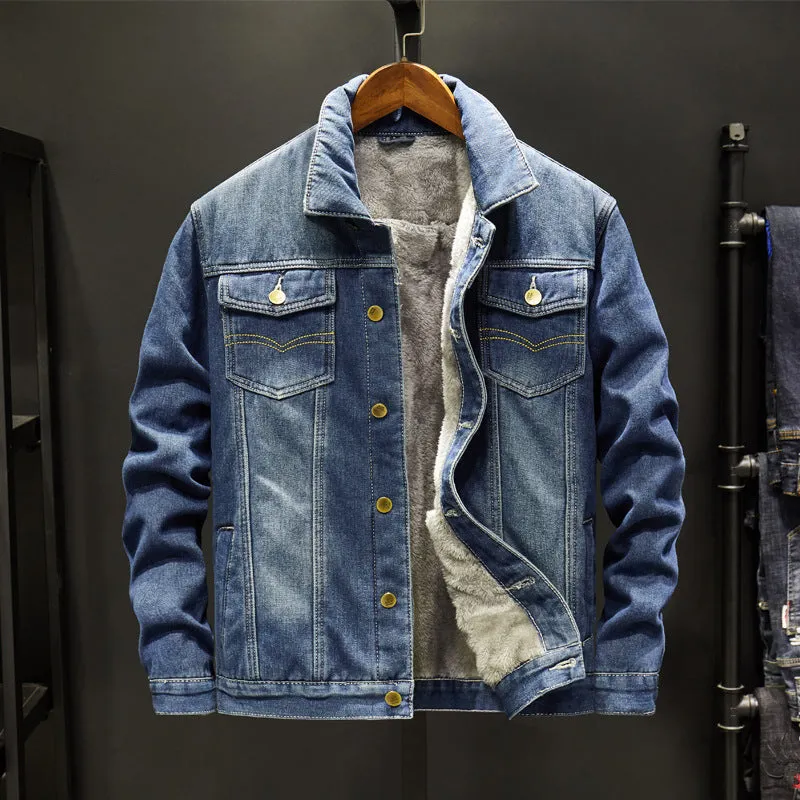 Men's casual denim jacket in dark blue with Korean gown style, long sleeves, and button front